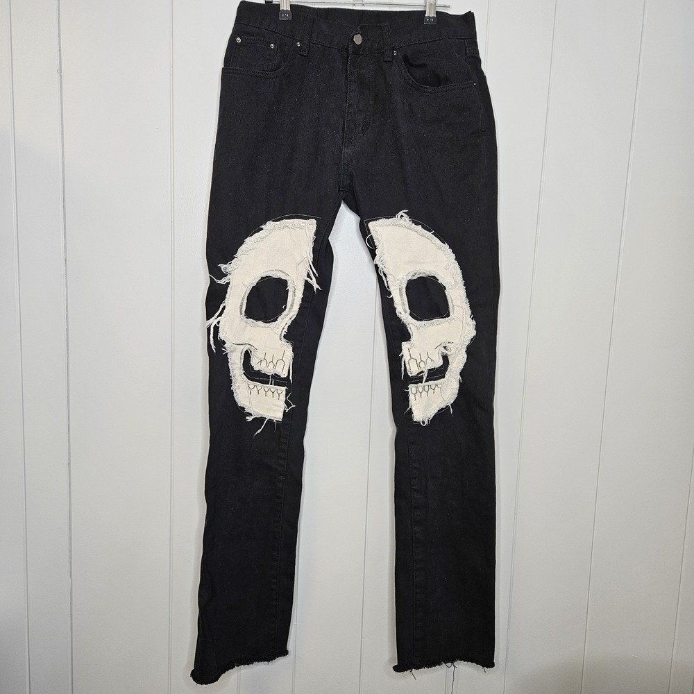 Mnml Black Jeans Skull On Legs Raw Edges And Hem Waist 31"